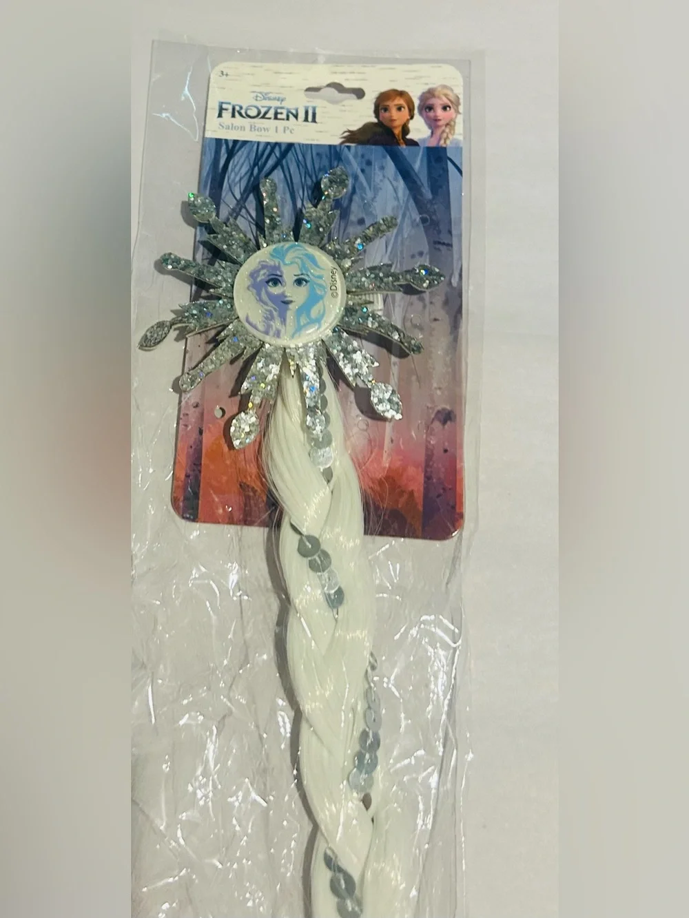 New Disney Frozen 11 Salon Bow with Faux Hair White Braid with Glitter Elsa